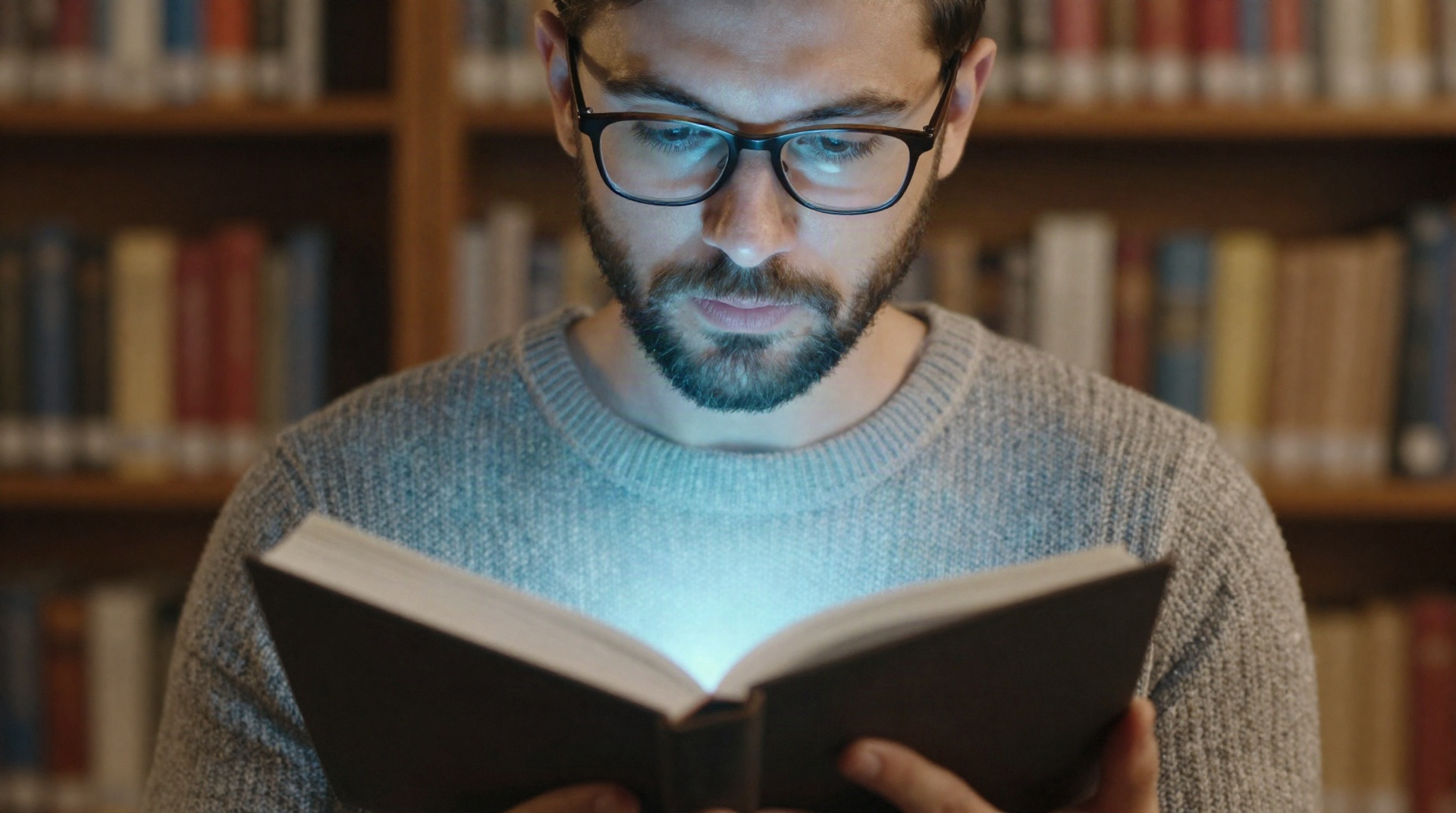 Исследователь держит светящуюся книгу, символизирующую источники знаний для нейросетей