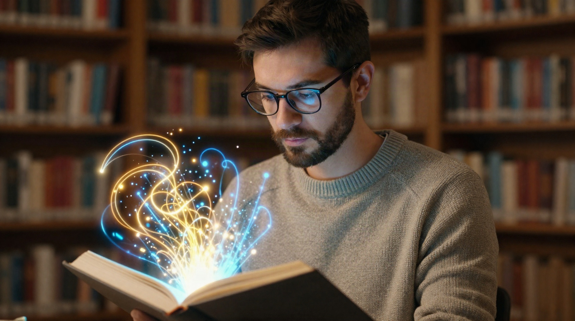 Исследователь рассматривает книгу, из которой вытекает структурированный свет, символизирующий обработку данных нейросетями.
