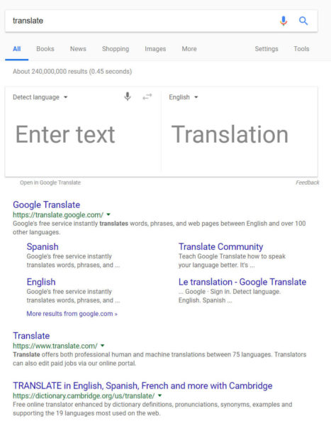 Чтобы показать вам, как это работает, давайте вернемся к примеру нашей переводческой компании и посмотрим на результаты поиска «translate»:
