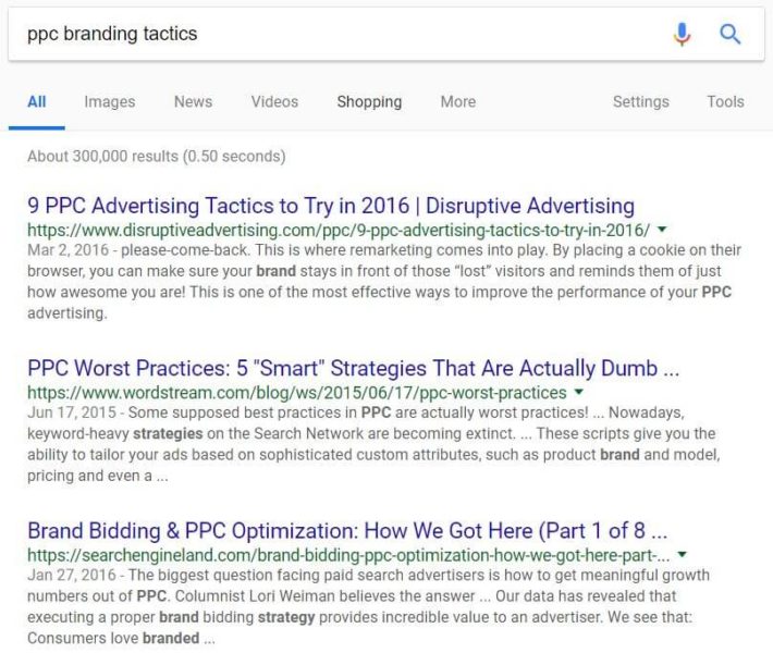 Теперь, прежде чем утверждать, что бесплатный трафик всегда полезен для вашего контента, даже если у вас неправильные намерения, попробуйте поискать в Google «тактику брендинга PPC»: