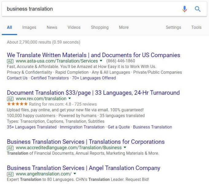 С другой стороны, давайте посмотрим, что мы получим, если будем искать «бизнес-перевод»: